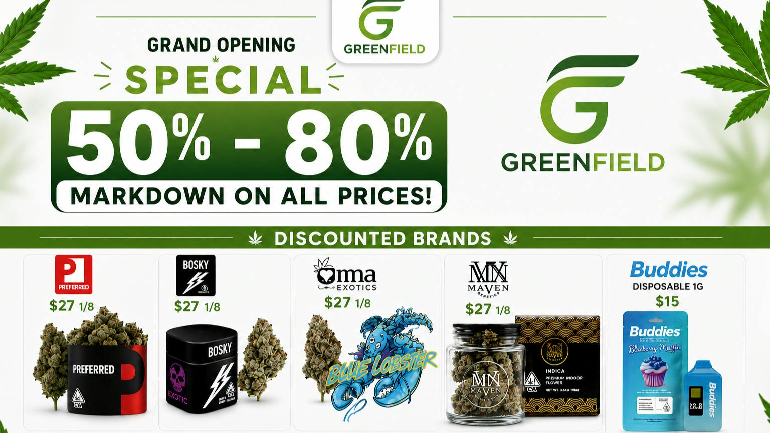 GreenField 50%-80% markdown on all products!!