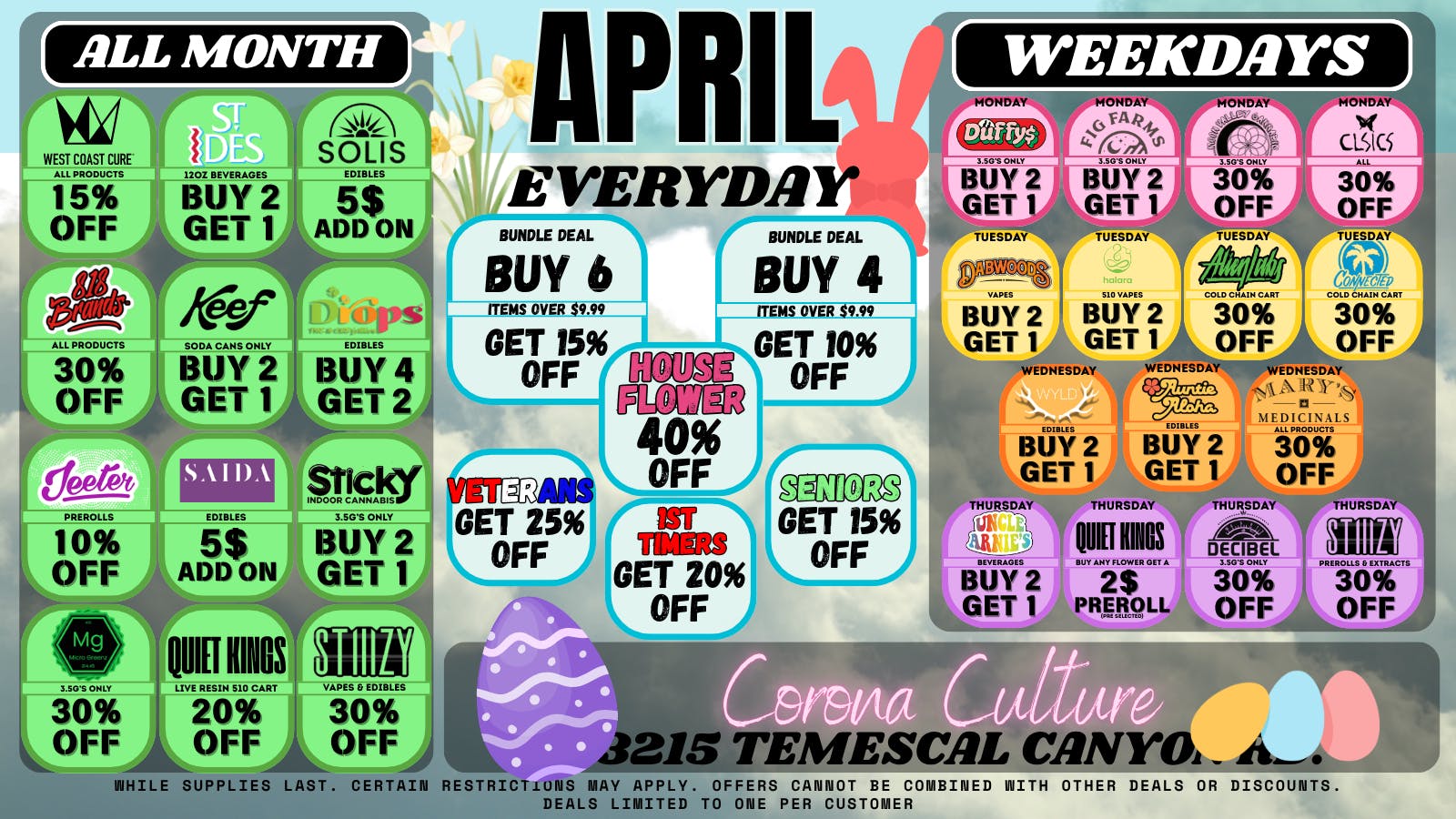 Culture Cannabis Club Marijuana and Weed Dispensary - Corona Temescal Elevate Your Week This April! April Weekday Deals