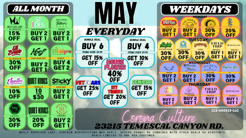 Culture Cannabis Club Marijuana and Weed Dispensary - Corona Temescal Midweek Deals & Daily Steals