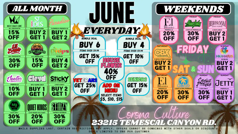Culture Cannabis Club Marijuana and Weed Dispensary - Corona Temescal WEEKEND DEALS!!