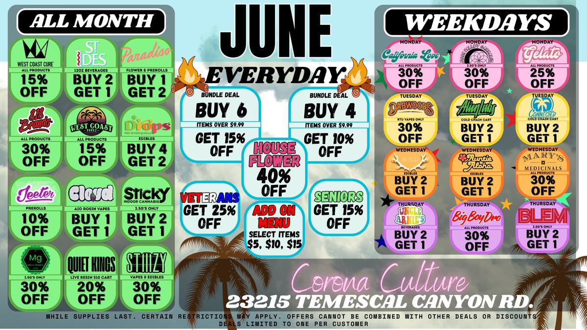 Culture Cannabis Club Marijuana and Weed Dispensary - Corona Temescal WEEKDAY DEALS!!