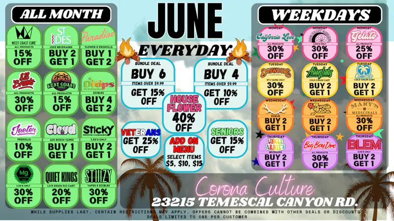 Culture Cannabis Club Marijuana and Weed Dispensary - Corona Temescal WEEKDAY DEALS!!