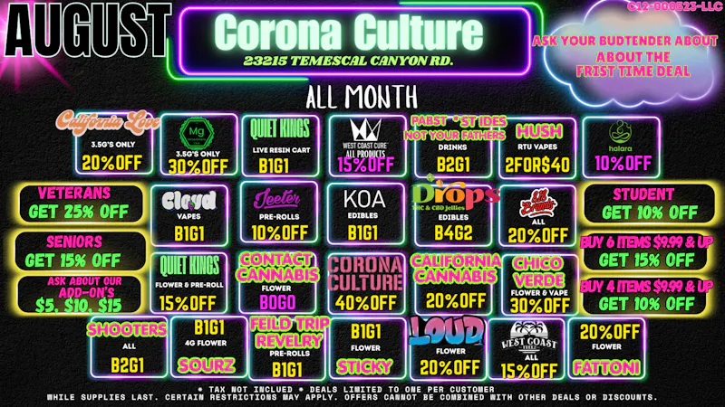 Culture Cannabis Club Marijuana and Weed Dispensary - Corona Temescal 🔥 AUGUST DAILY DEALS ARE LIVE ALL MONTH LONG! 🗓️