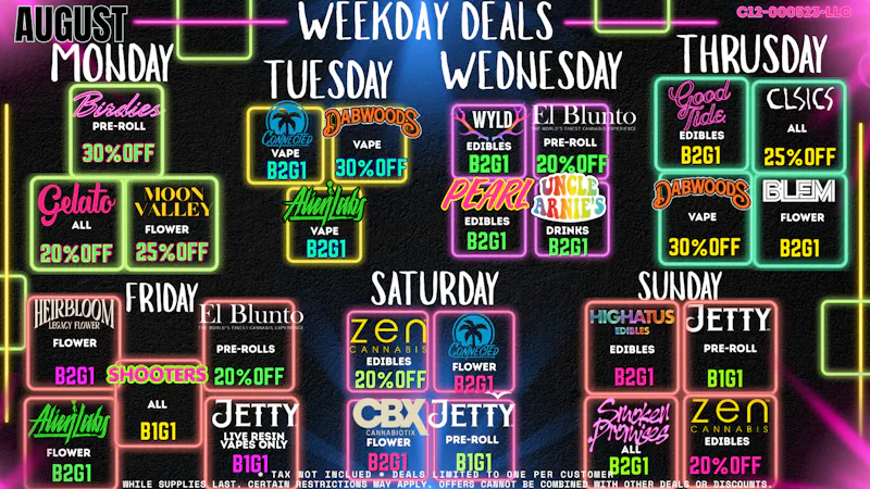 Culture Cannabis Club Marijuana and Weed Dispensary - Corona Temescal 🗓️ Daily Dose of Deals: The August Weekday Lineup