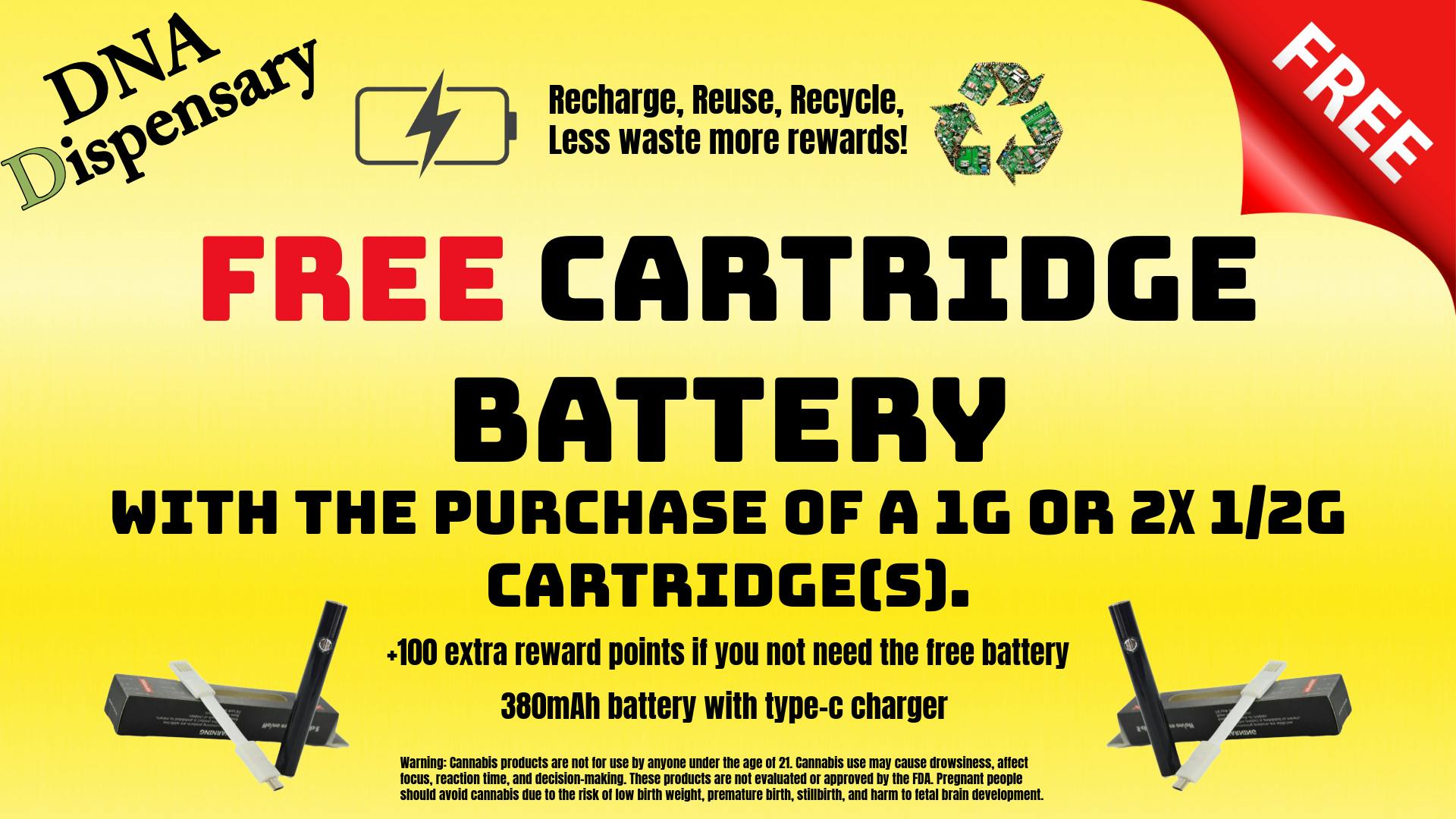 DNA Dispensary Free battery with 1g or 2x 1/2g carts