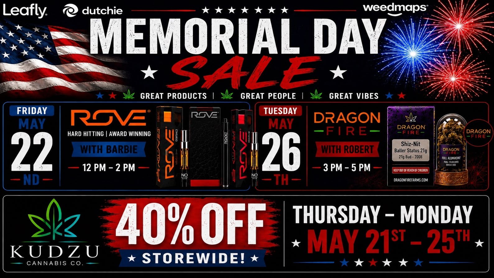Kudzu Cannabis Company Memorial Day 40% Off Storewide!