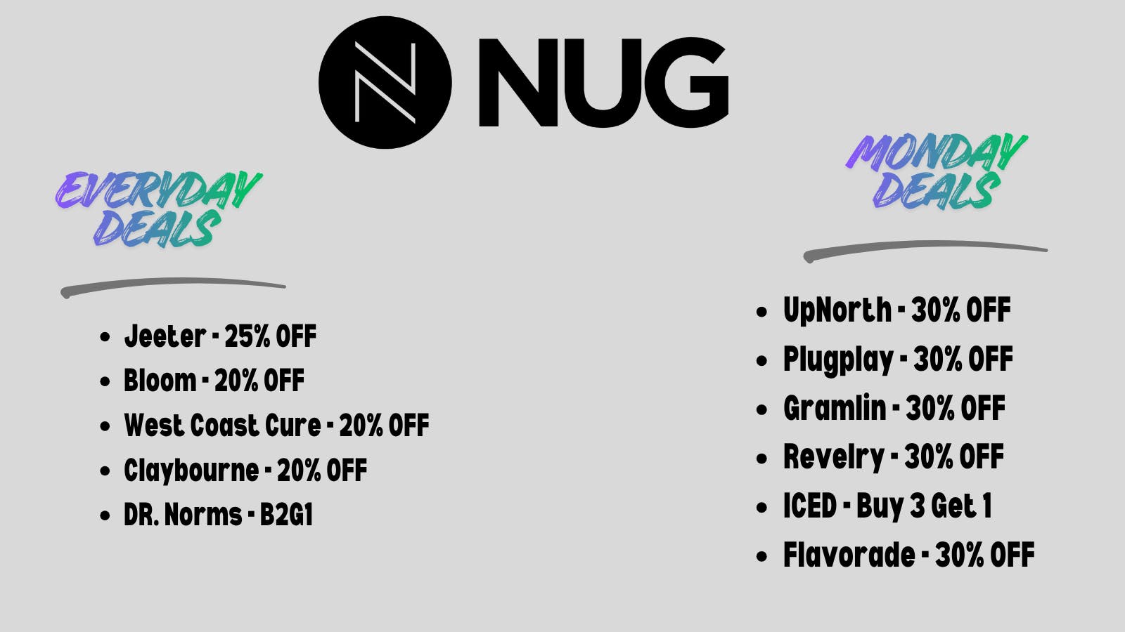 NUG Red Bluff Monday Deals & Everyday Deals