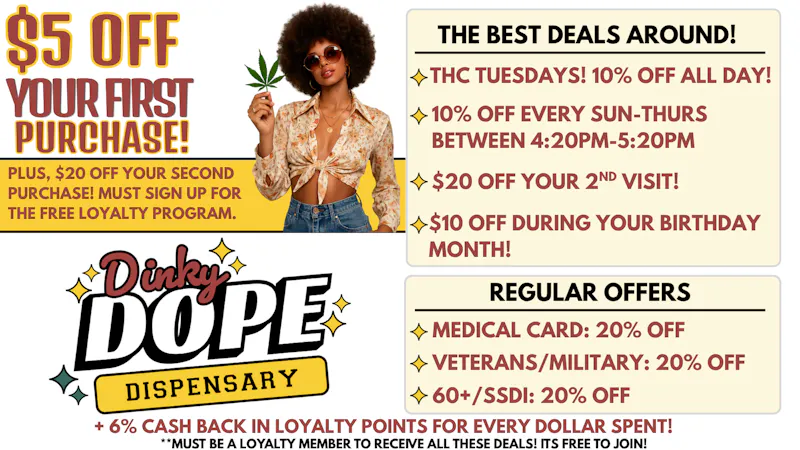 Dinky Dope Dispensary $5 OFF YOUR FIRST VISIT + $20 OFF YOUR SECOND!