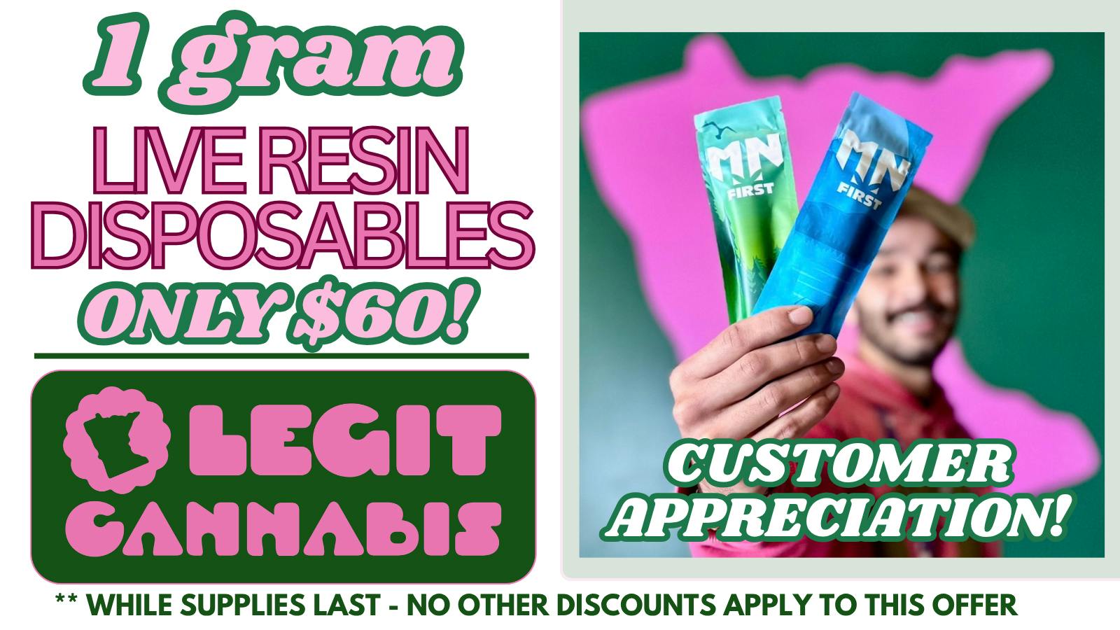 Legit Cannabis 1 gram LIVE RESIN disposable ONLY $60!