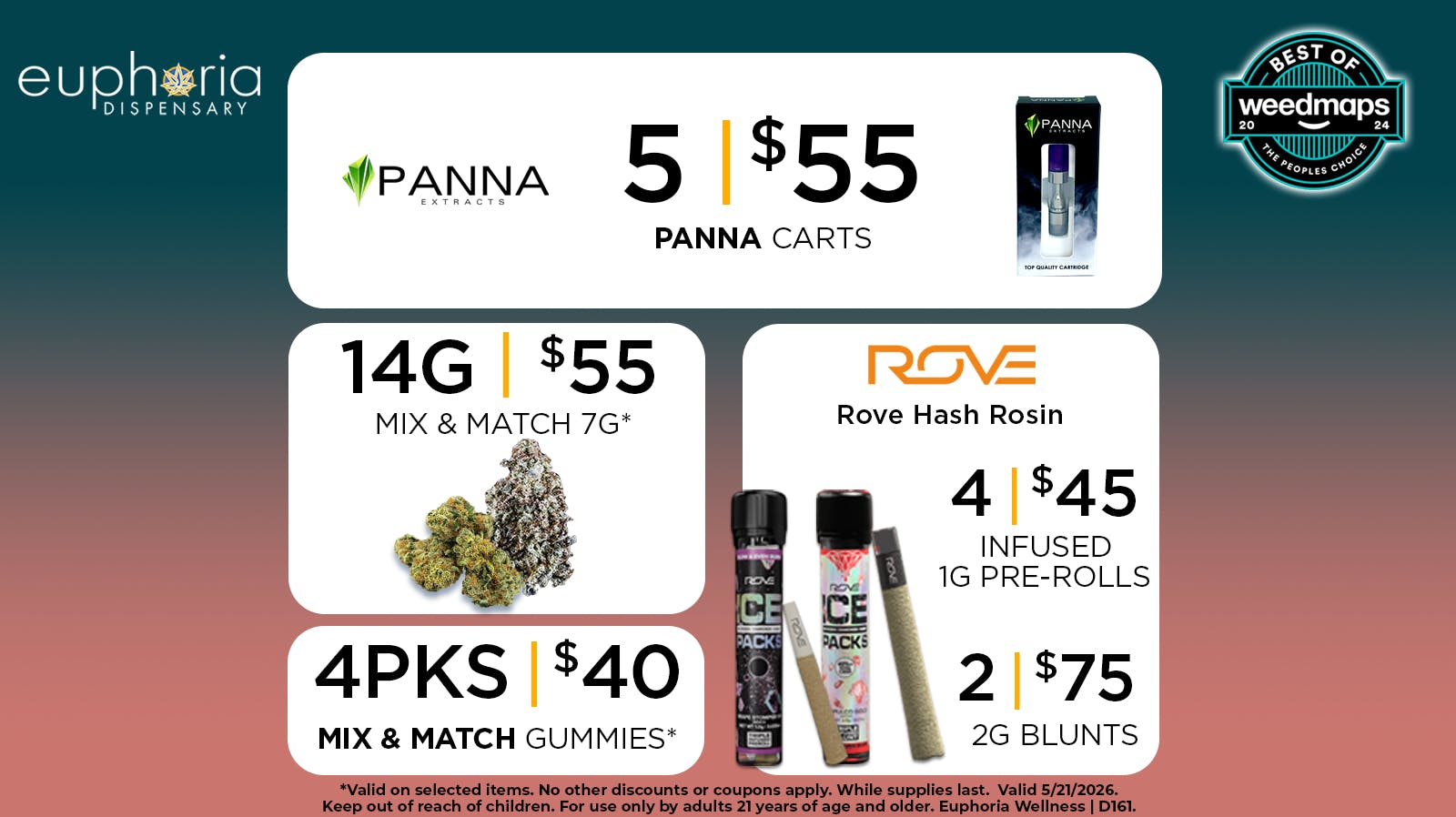 Euphoria Wellness Delivery - Henderson / Green Valley 5/$55 Panna Carts | 4/$45 Rove 1g Infused PR's