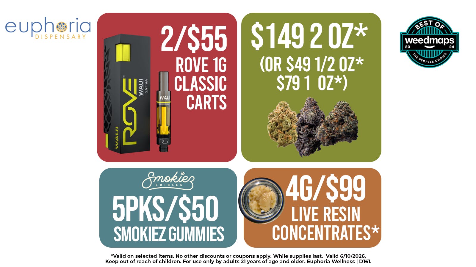 Euphoria Wellness - Marijuana Dispensary $79 1oz - $149 2oz | 2/$55 Rove 1g Classic Carts