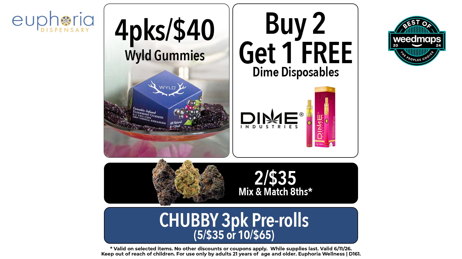 Euphoria Wellness - Marijuana Dispensary 2/$35 Mix & Match 8ths | 4pks/$40 Wyld Gummies
