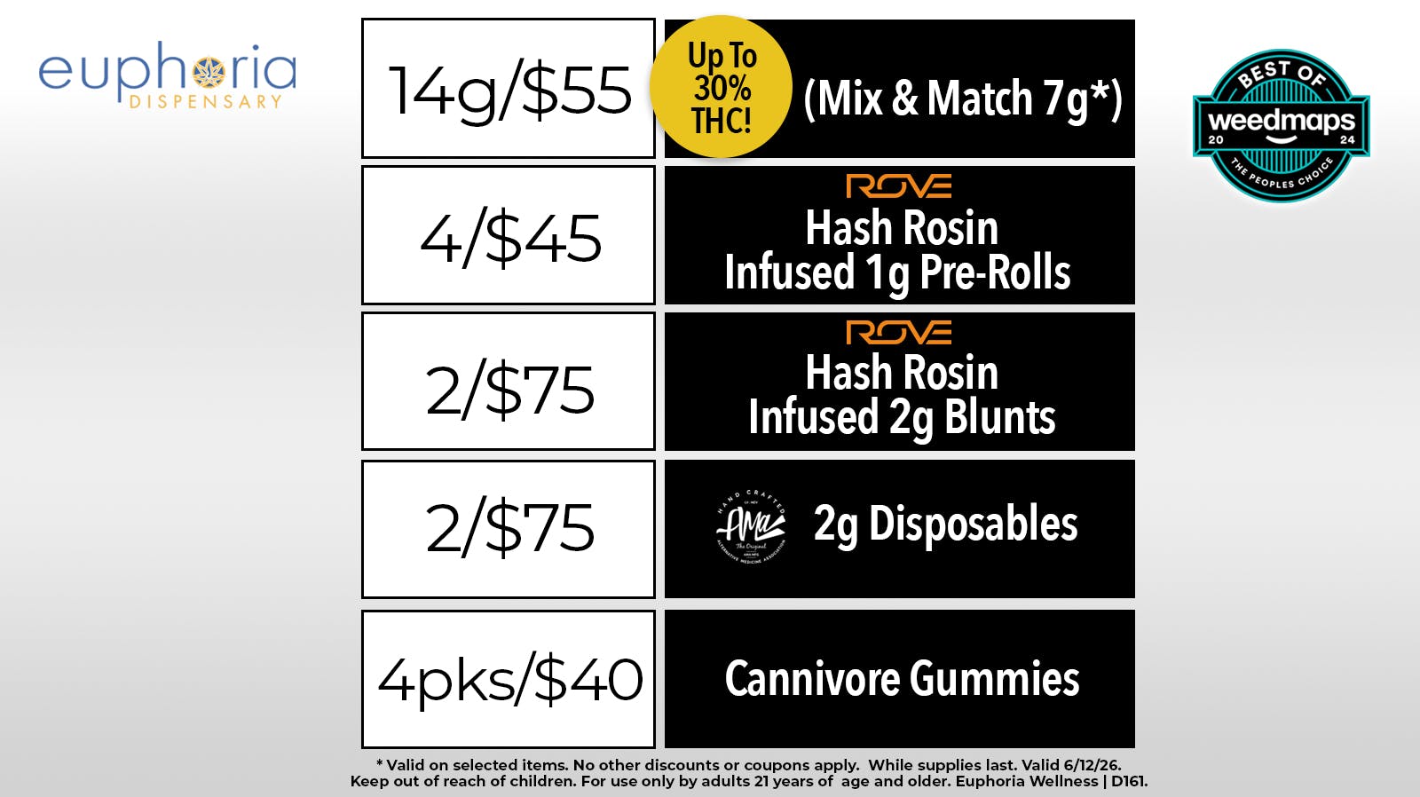 Euphoria Wellness - Marijuana Dispensary 14g/$55 | 2/$75 AMA 2g Disposables
