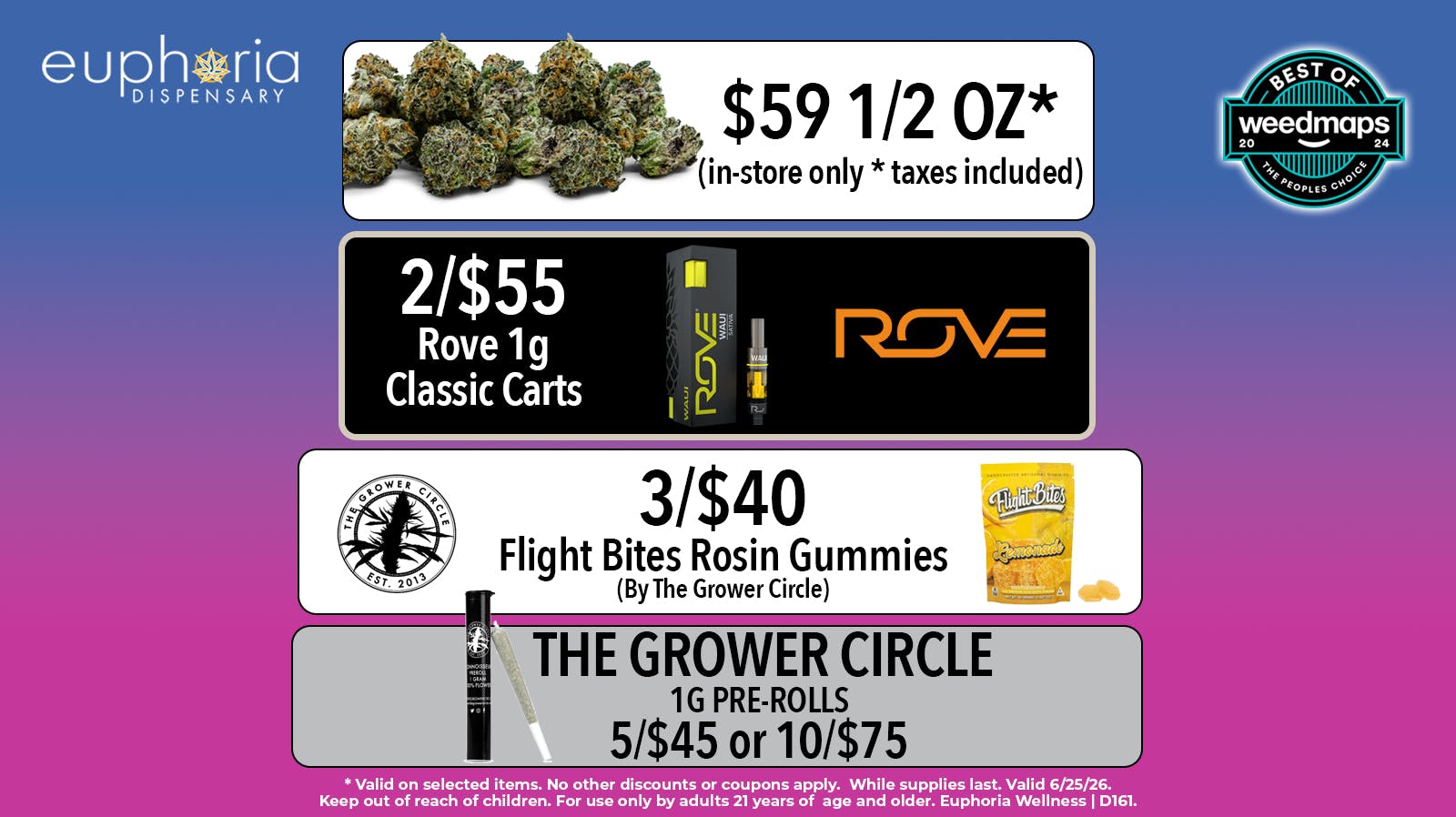 Euphoria Wellness - Marijuana Dispensary $59 1/2oz Out-The-Door | 2/$55 Rove 1g Carts