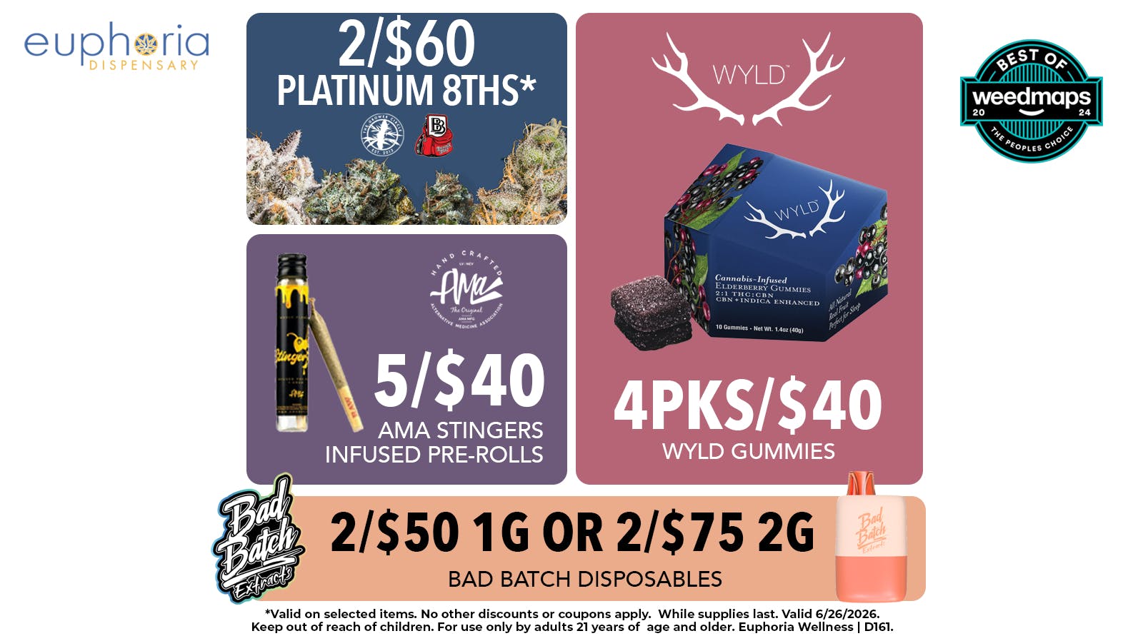 Euphoria Wellness Delivery - West LV 2/$60 Platinum 8ths | 4pks/$40 Wyld Gummies