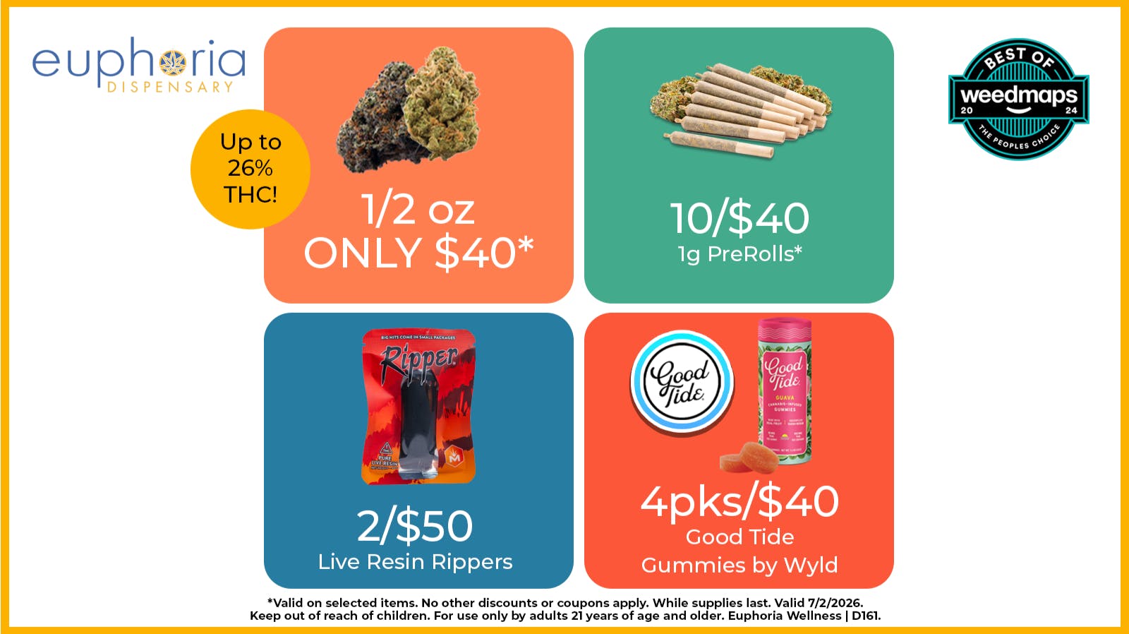 Euphoria Wellness Delivery - Henderson / Green Valley $40 1/2oz | 2/$50 Live Resin Rippers
