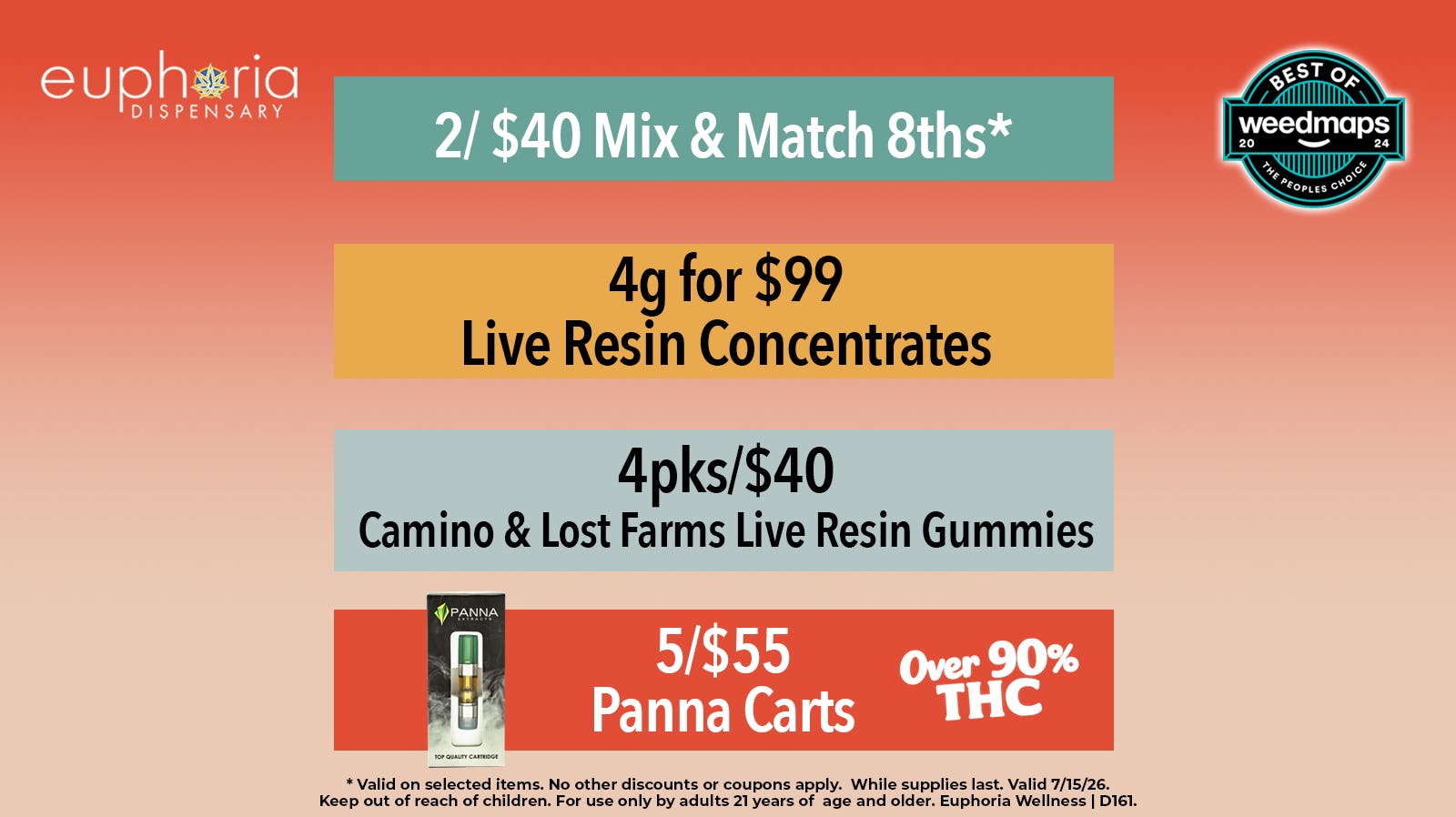 Euphoria Wellness - Marijuana Dispensary 2/$40 Mix & Match 8ths | 5/$55 Panna Carts