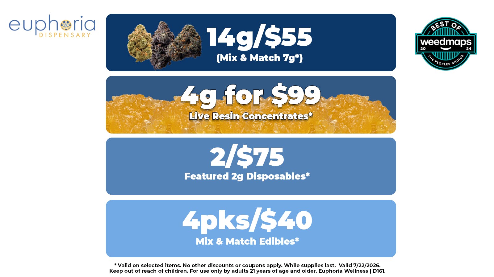 Euphoria Wellness - Marijuana Dispensary 14g/$55 | 4g/$99 Live Resin Concentrates
