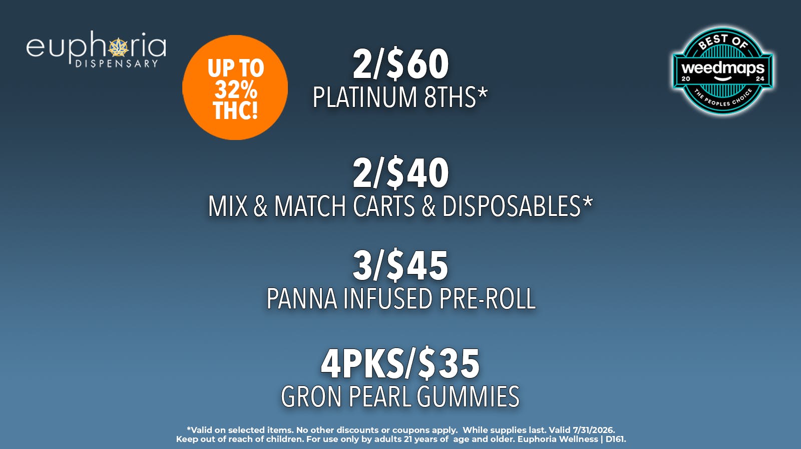 Euphoria Wellness Delivery - West LV 2/$60 Platinum 8ths | 3/$45 Panna Infused PreRolls