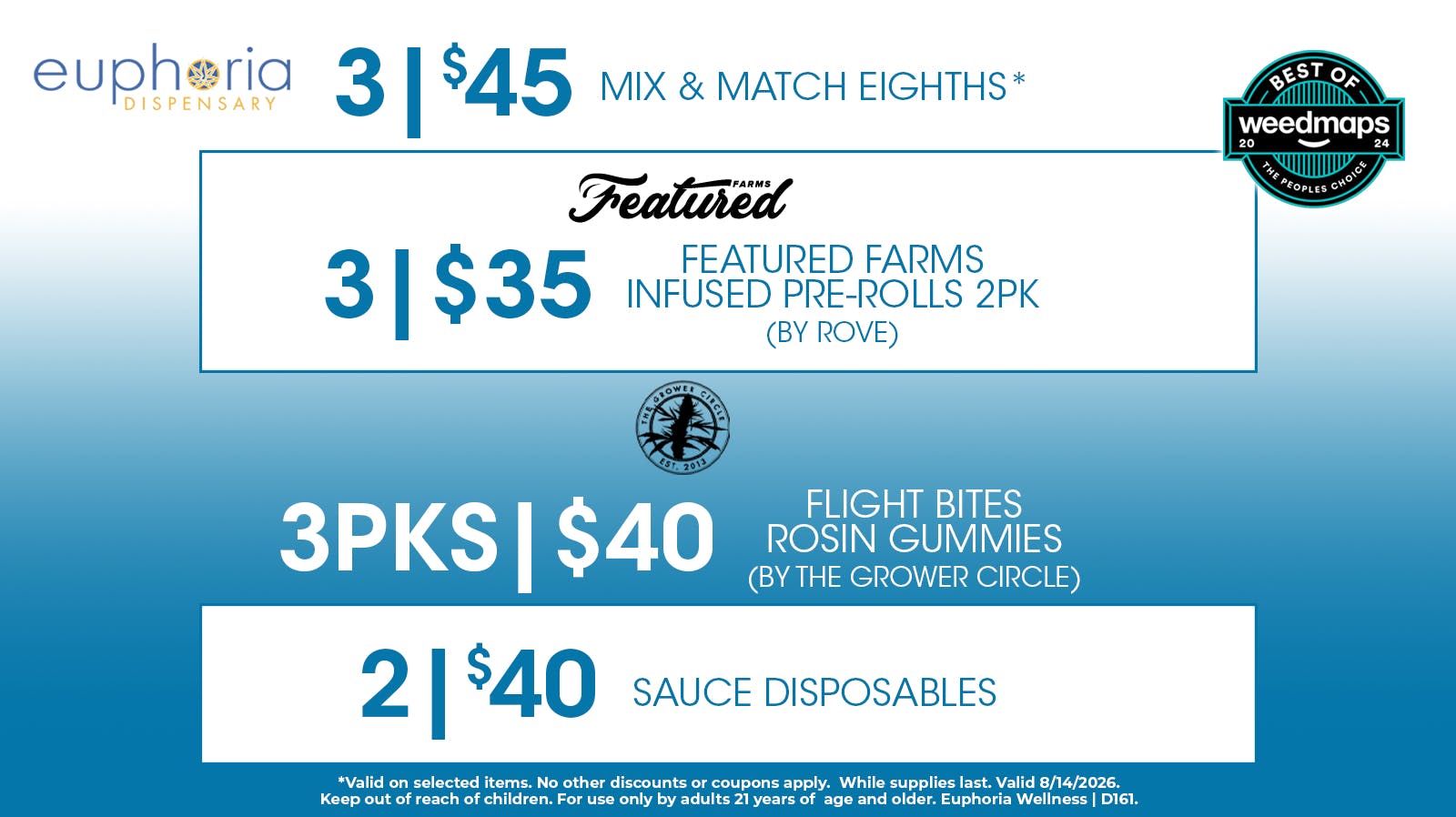 Euphoria Wellness - Marijuana Dispensary 3/$45 Mix & Match 8ths | 2/$40 Sauce Disposables