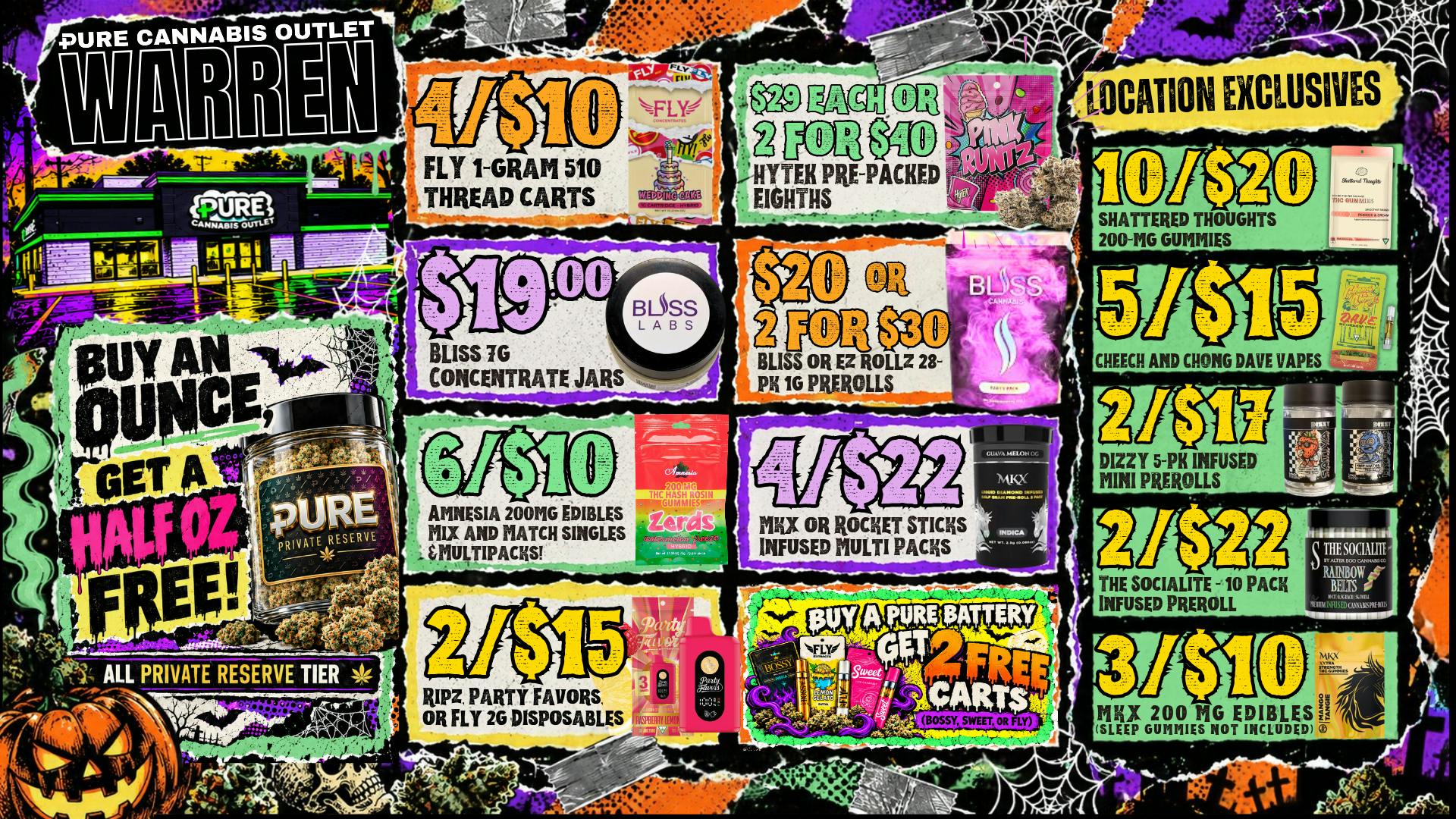 Pure Cannabis Outlet - Warren MONSTER DEALS AT PURE! 🕸️ BUY PR OZ, GET 1/2 FREE