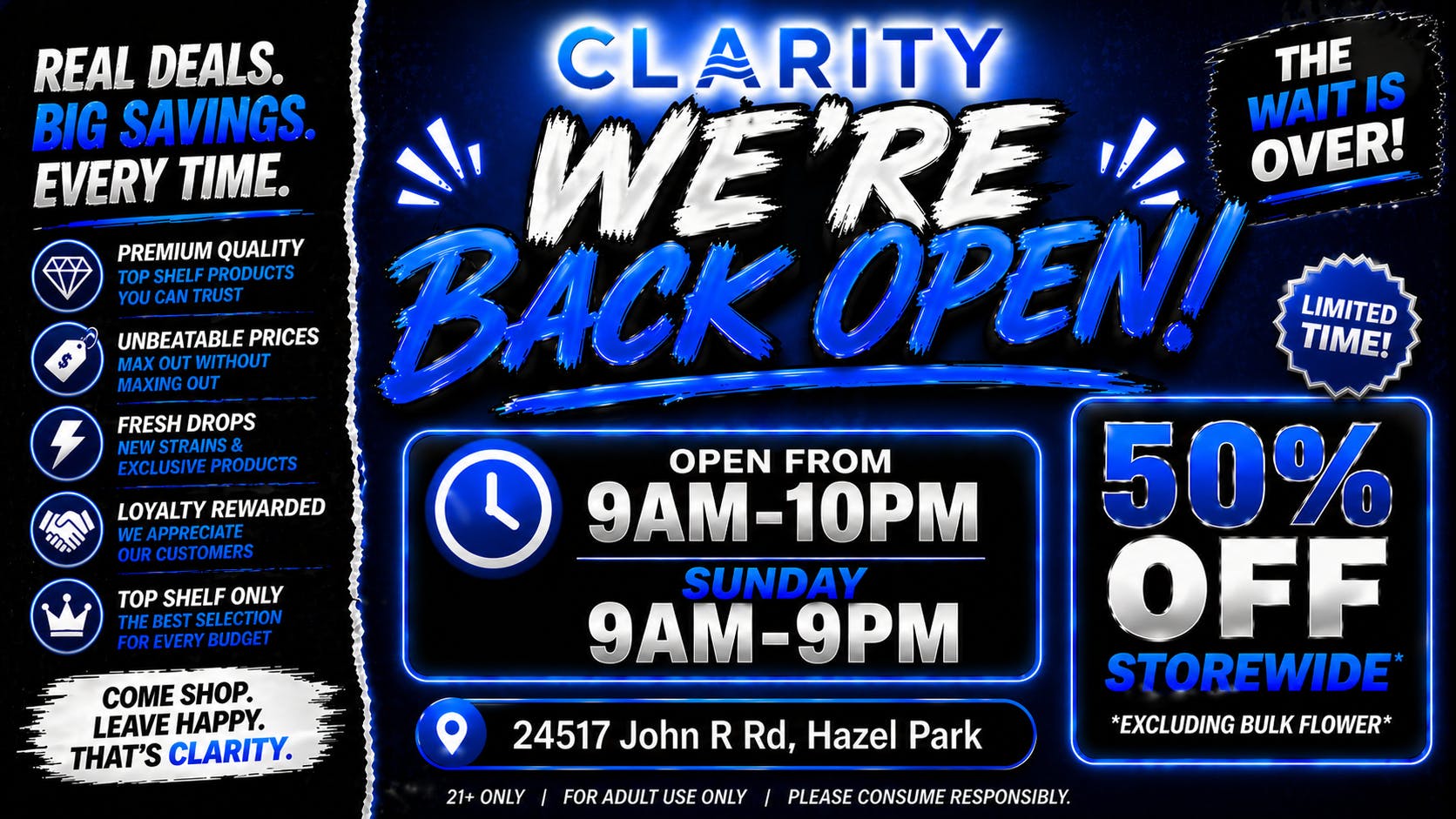 CLARITY Cannabis - Hazel Park CLARITY IS BACK! 50% OFF STOREWIDE