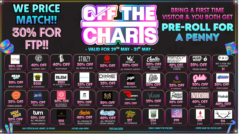 Off The Charts - Hemet on Stetson Ave FTP GET 30% OFF!!!