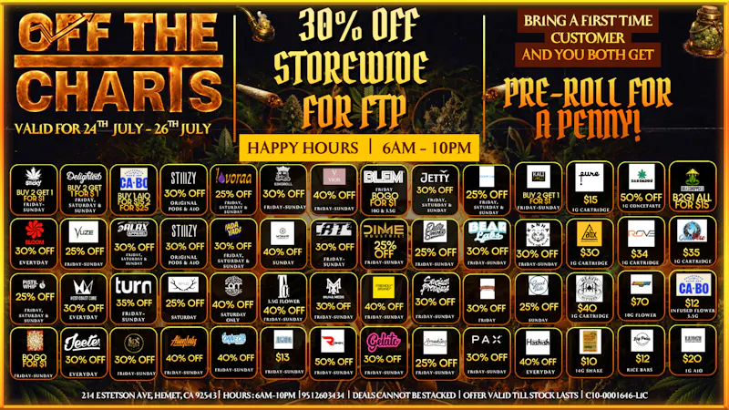 Off The Charts - Hemet on Stetson Ave WE'RE NOW OPEN!! FTP RECIEVES A 30% OFF !!