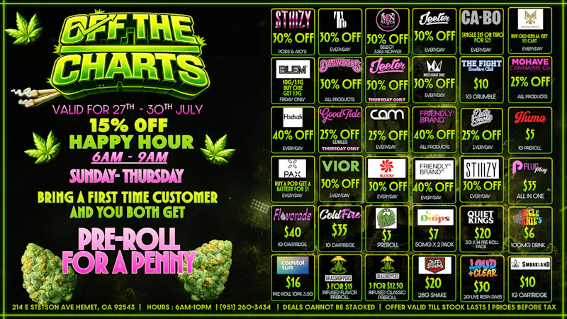 Off The Charts - Hemet on Stetson Ave 30% First time patience