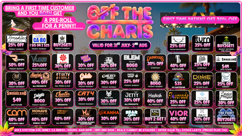 Off The Charts - Hemet on Stetson Ave 30% off First time customers!