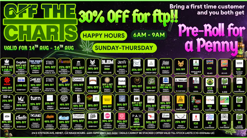 Off The Charts - Hemet on Stetson Ave WE'RE NOW OPEN!! FTP RECIEVES A 30% OFF !!