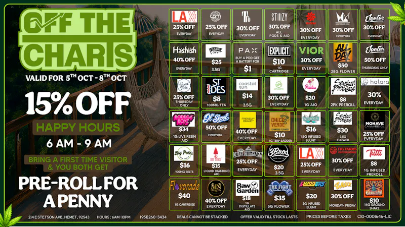 Off The Charts - Hemet on Stetson Ave 30% off First time customers!