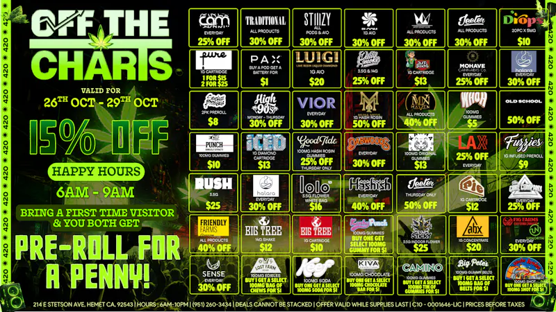 Off The Charts - Hemet on Stetson Ave FTP 30% OFF!!!!