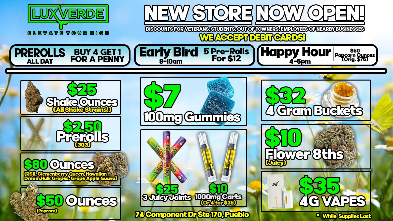 Lux Verde $10 8ths, $32 4g Buckets, $35 4g Vapes & More!