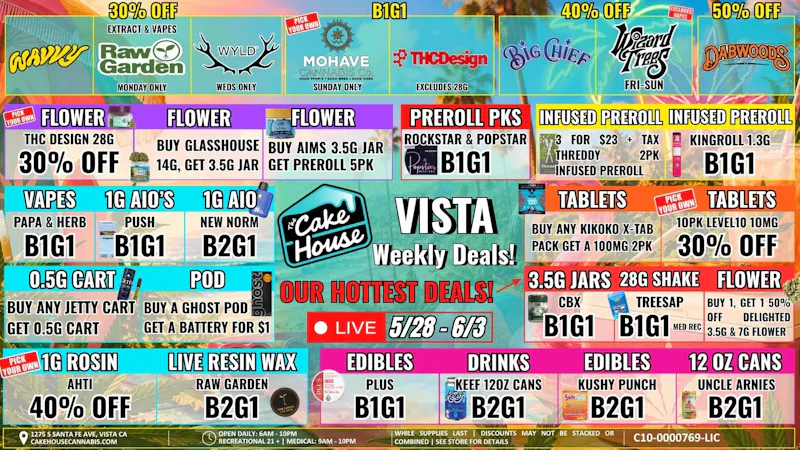 The Cake House - Vista 5/28 - 6/3: TCH Vista Weekly Deals!