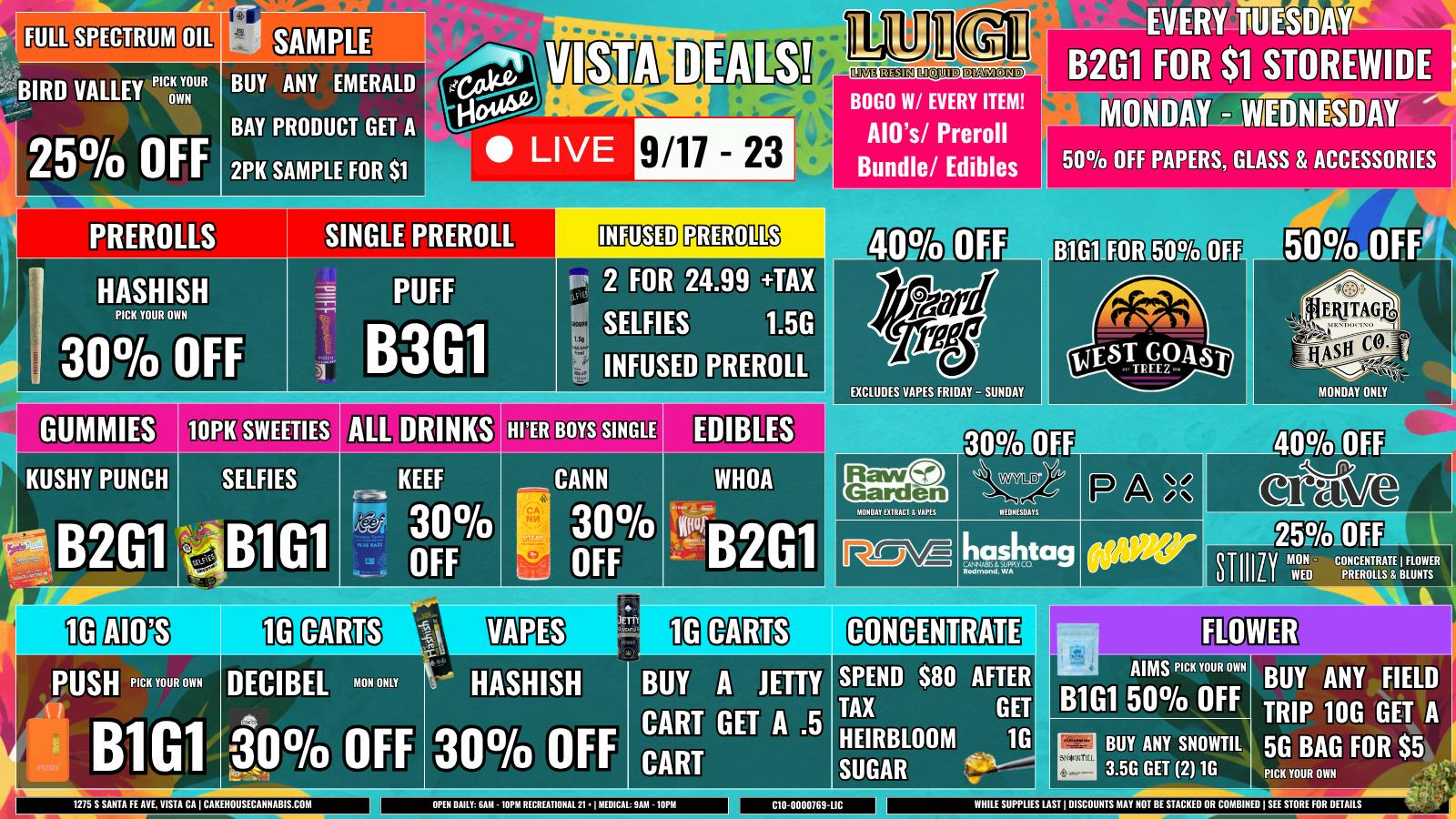 The Cake House - Vista 9/17 - 23: TCH Vista Weekly Deals!
