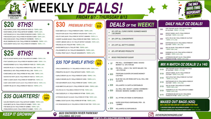 Evergrowing Releaf Weekly Deals 8/7–8/13 |$20 8ths, Mix N Match +MORE