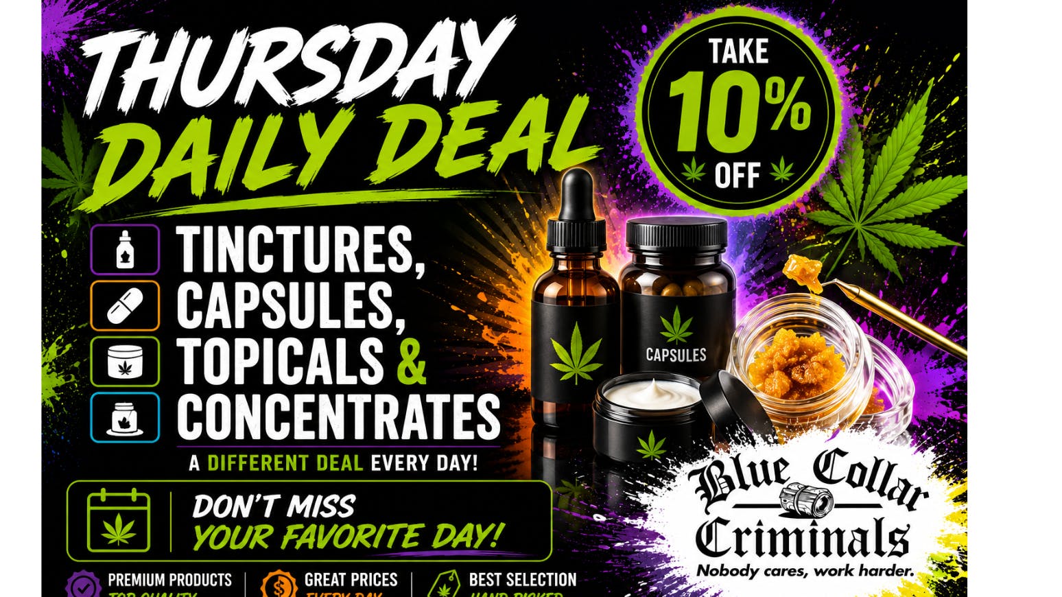 Blue Collar Criminals 💧 Thursday: Tinctures, Capsules, Topicals & Conc.