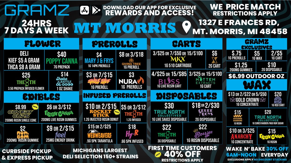 Gramz Cannabis - Mt. Morris 🔥 Flower $20, Vapes 4/$20, Carts $8 — Mt Morris