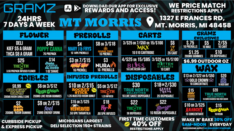 Gramz Cannabis - Mt. Morris 🔥 Flower $20, Vapes 4/$20, Carts $8 — Mt Morris