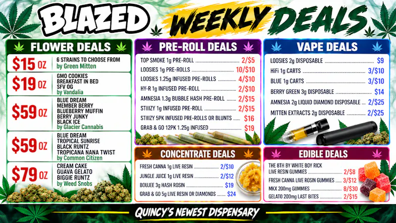 Blazed Cannabis $59 Fire Ounces and $14 3g Disposables