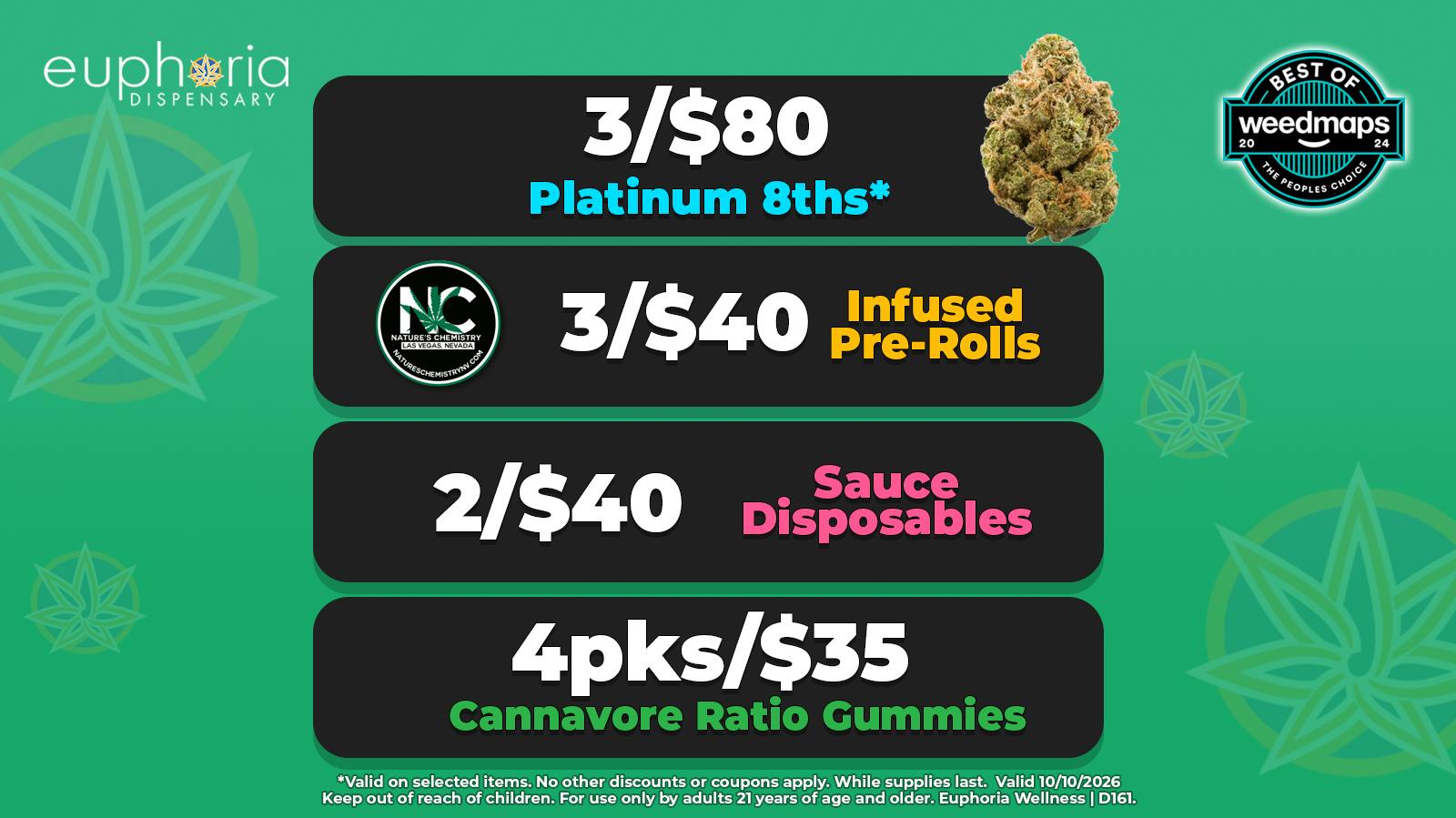 Euphoria Wellness Delivery - Henderson / Green Valley 3/$80 Platinum 8ths | 2/$40 Sauce Disposables