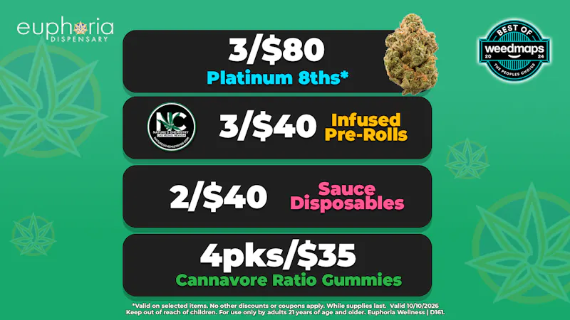 Euphoria Wellness Delivery - Henderson / Green Valley 3/$80 Platinum 8ths | 2/$40 Sauce Disposables