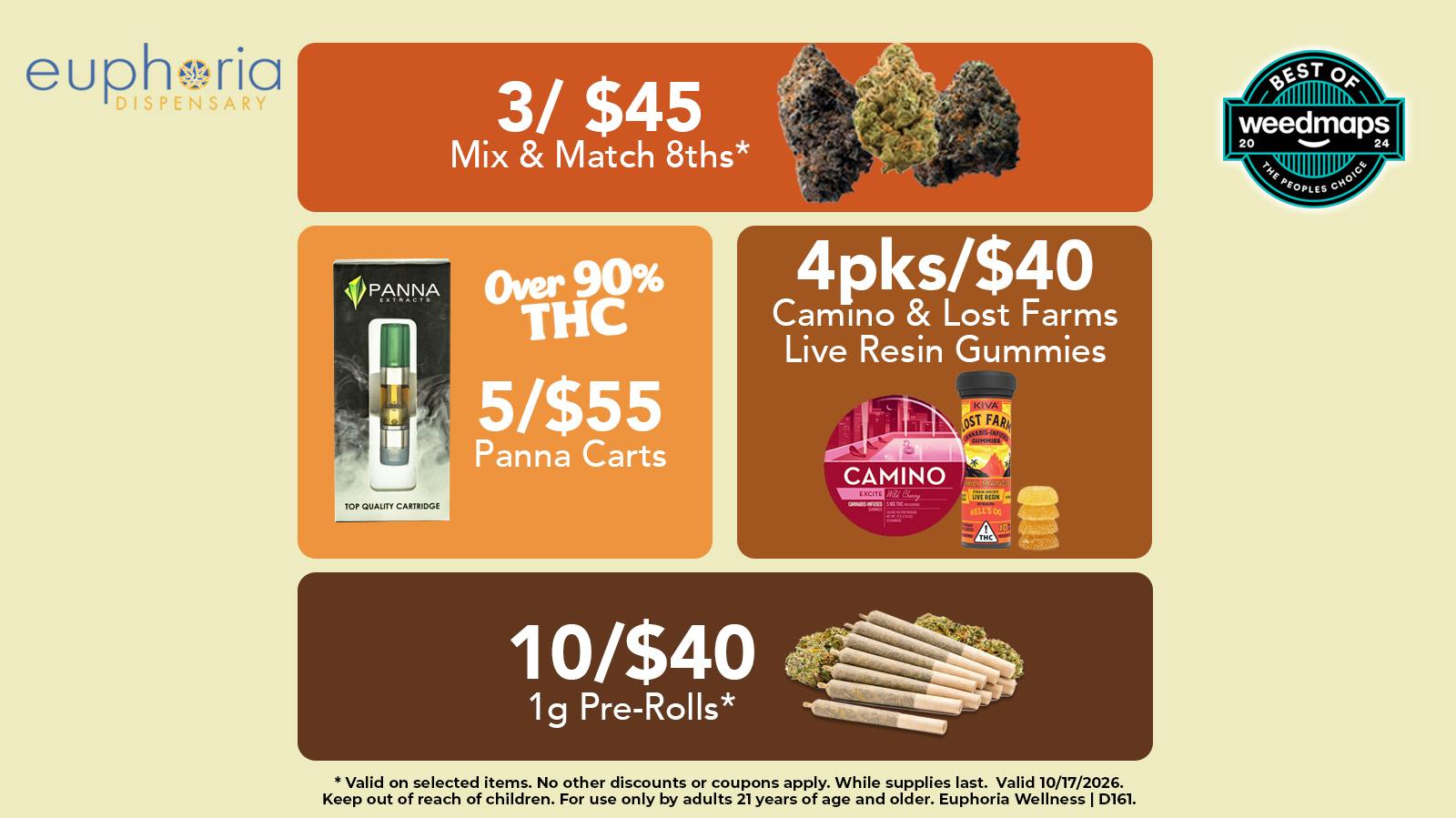 Euphoria Wellness - Marijuana Dispensary 3/$45 Mix + Match 8ths | 5/$55 Panna Carts