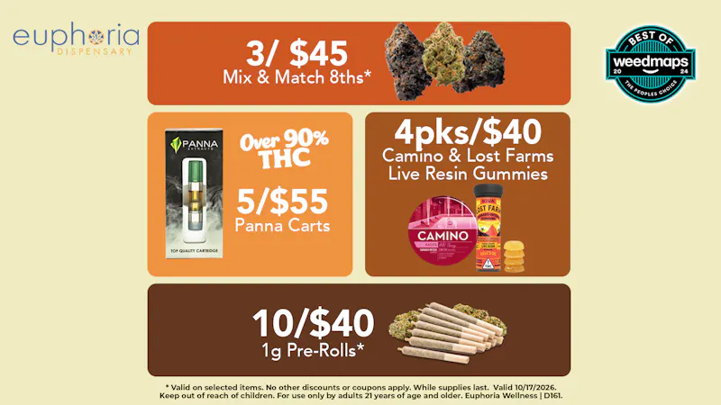 Euphoria Wellness Delivery - Henderson / Green Valley 3/$45 Mix + Match 8ths | 5/$55 Panna Carts