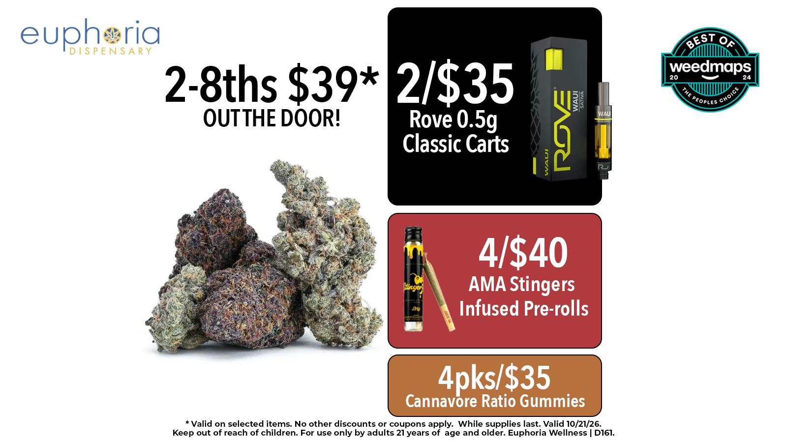 Euphoria Wellness Delivery - Henderson / Green Valley 2/$39 8ths OTD | 2/$35 Rove 0.5g Classic Carts
