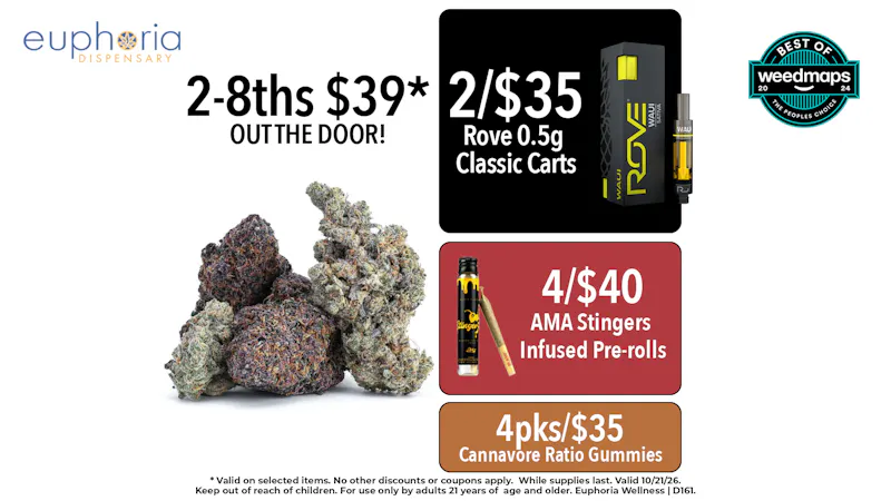 Euphoria Wellness Delivery - Henderson / Green Valley 2/$39 8ths OTD | 2/$35 Rove 0.5g Classic Carts