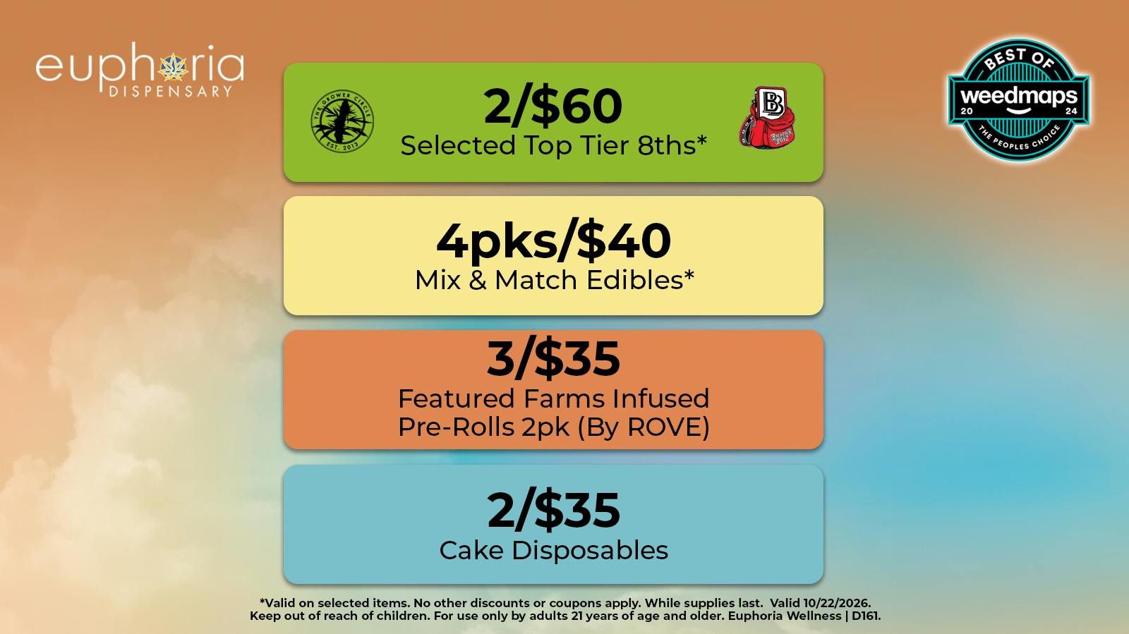 Euphoria Wellness - Marijuana Dispensary 2/$60 Platinum 8ths | 2/$35 Cake Disposables