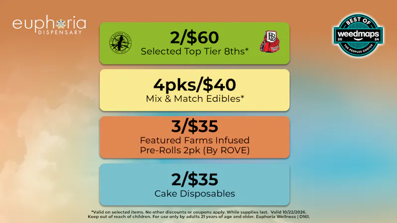 Euphoria Wellness - Marijuana Dispensary 2/$60 Platinum 8ths | 2/$35 Cake Disposables