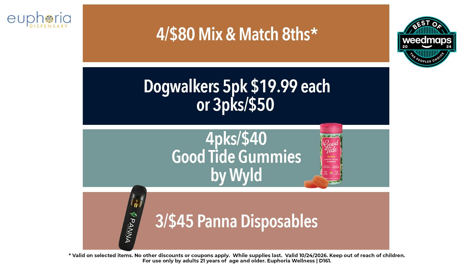 Euphoria Wellness Delivery - Henderson / Green Valley 3/$45 Panna Dispos | 4/$40 Good Tide Gummies
